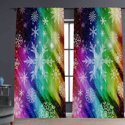 Pair of Christmas curtains with a 3D digital print of a snowy winter window scene, frosted trees, and snowflakes. - Image 12