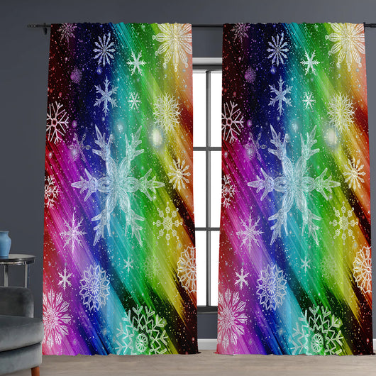 Pair of Christmas curtains with a 3D digital print of a snowy winter window scene, frosted trees, and snowflakes. - Image 12