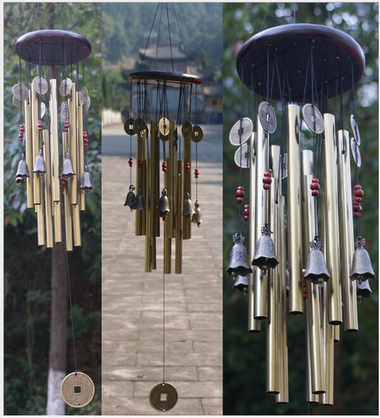 Bronze metal multi-tube wind chime with small bells, decorative coins, and red beads, hanging from a dark wooden disc. - Image 2