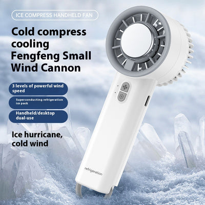Obsidian black handheld fan with gold accents, digital display, and semiconductor ice cooling for high-speed cool air. - Image 3