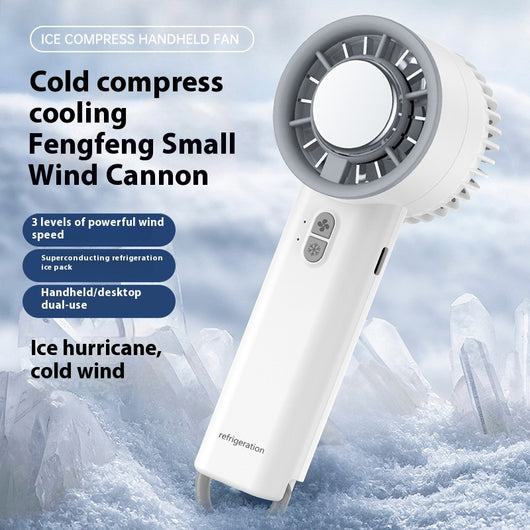 Obsidian black handheld fan with gold accents, digital display, and semiconductor ice cooling for high-speed cool air. - Image 3