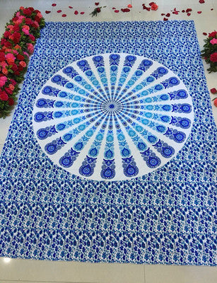 Large blue mandala hanging cloth with a detailed circular pattern and floral borders, made of chemical fiber. - Image 13