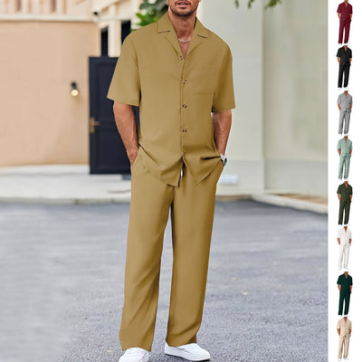 Conjunto de Traje Casual para Hombre: Camisa de Solapa con Botones y Pantalón Recto