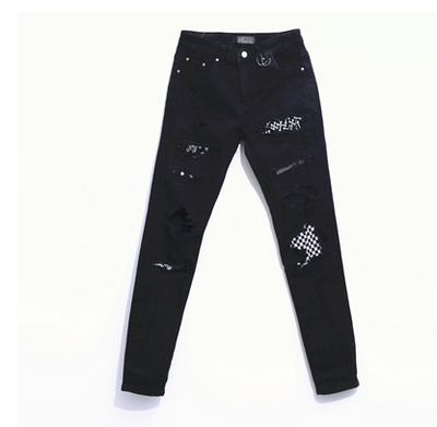 Jeans Slim Fit Cuadros Blanco y Negro con Detalles Rotos y Puños Elásticos - Image 5
