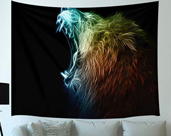 Black tapestry featuring a roaring lion's head with a vibrant, glowing, fractal-like mane in blue, green, yellow, and orange.