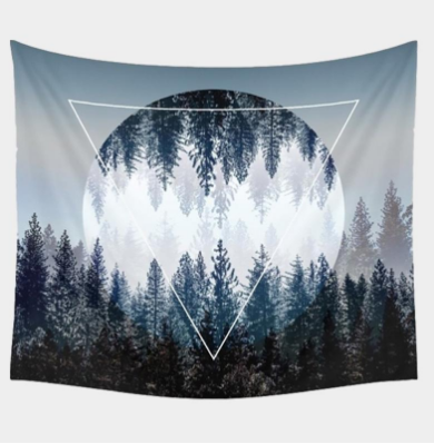 Boho print tapestry featuring a forest landscape with a large circular element of inverted trees and a white geometric triangle overlay. - Image 3