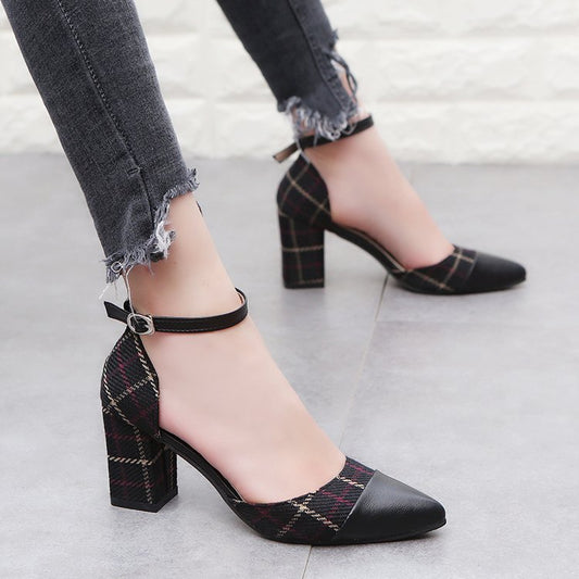 Zapatos de Tacón Grueso Alto con Hebilla - Diseño Combinado de Colores
