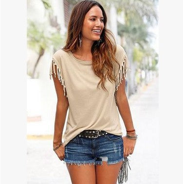 Camiseta de Algodón Talla Grande con Cuello Redondo y Detalles de Borlas