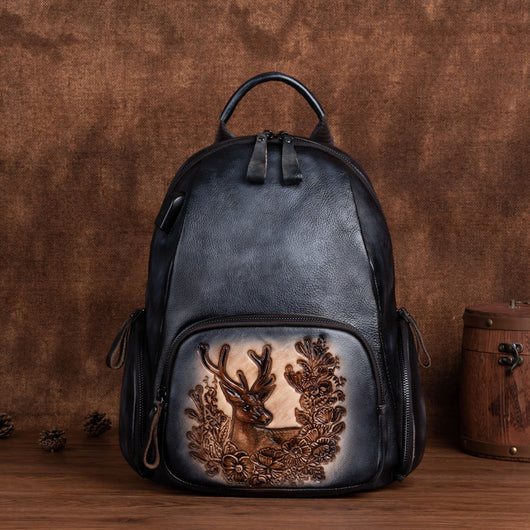 Mochila Personalizada de Cuero Pulido Vintage con Diseño de Ciervo