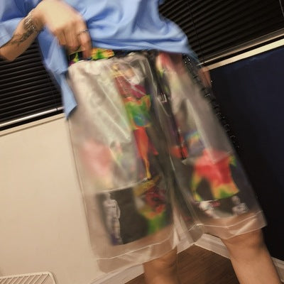 Pantalones Cortos Hip Hop Transparentes con Detalles de Costura Contrastante - Image 7