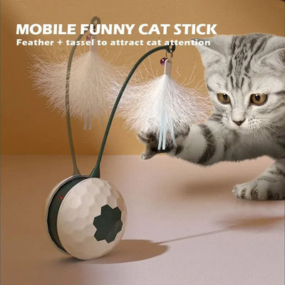 White and dark green cat teaser toy with a golf ball textured base and a flexible arm topped with white feathers. - Image 15
