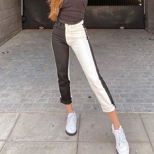 Jeans Talle Alto Patchwork Blanco y Negro para Mujer