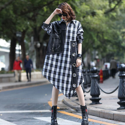 Vestido Midi Denim Holgado con Paneles de Cuadros Contrastantes - Image 3