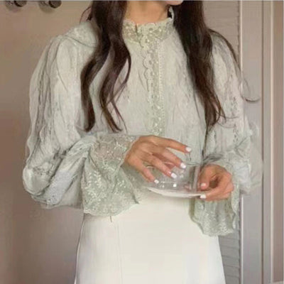Blusa Elegante con Cuello Mao y Mangas Abullonadas en Encaje - Image 7