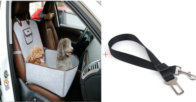 Light grey pet car seat with brown trim on a car's front passenger seat, holding two small dogs. Includes a black pet seatbelt tether. - Image 10