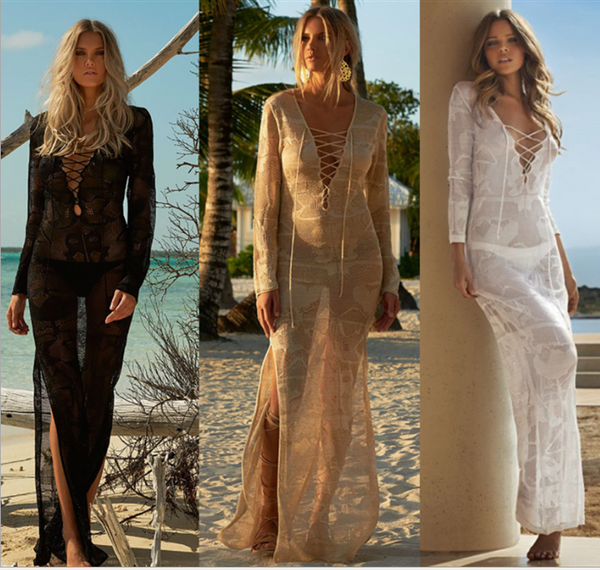 Túnica Playera Tejida en Crochet Blanco - Pareo Largo Elegante para Playa