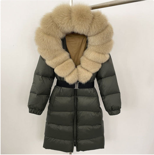 Abrigo Hoodie Largo para Mujer con Cuello de Piel de Zorro y Cintura Ajustada - Image 18