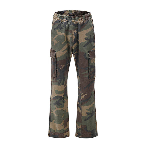 Pantalones Cargo Camuflaje Desgastado con Múltiples Bolsillos y Costuras de Trabajo