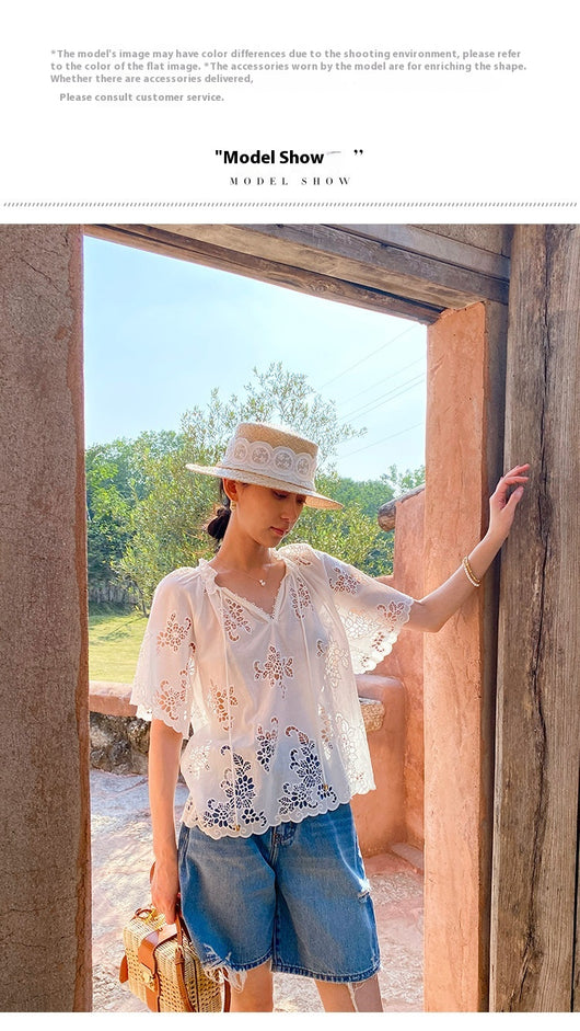 Blusa Blanca Estilo Francés con Encaje Bordado y Manga Corta - Image 16
