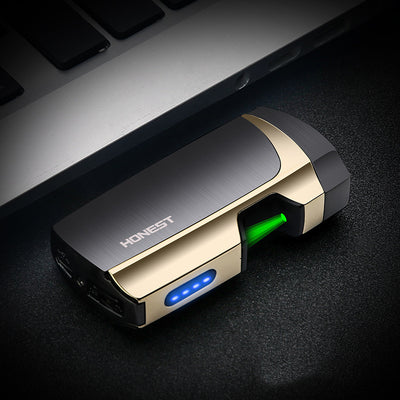 Blue and silver multi-function electric lighter with a visible green plasma arc and four blue battery indicator lights. - Image 4
