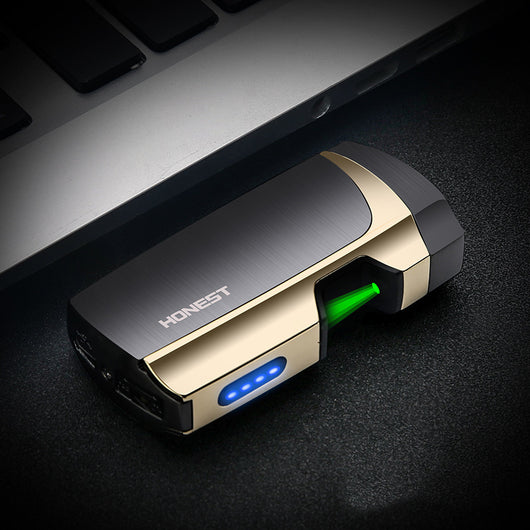 Blue and silver multi-function electric lighter with a visible green plasma arc and four blue battery indicator lights. - Image 4