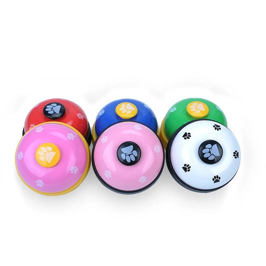 Blue and yellow pet training bell with white paw print designs and a large yellow button on top. - Image 2