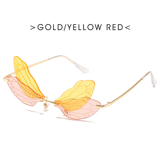 Dragonfly wing sunglasses with gold metal frames and unique brown tinted rimless lenses, suitable for adults. - Image 18