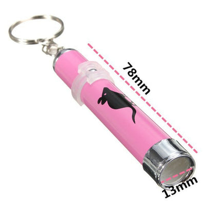 Yellow LED projection cat toy flashlight with a silver keychain, projecting a purple fish animation. - Image 7