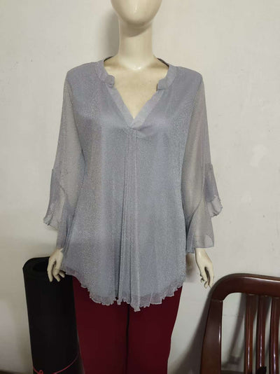 Blusa Suelta de Malla Plateada con Cuello V y Mangas 3/4 Pétalos - Image 49