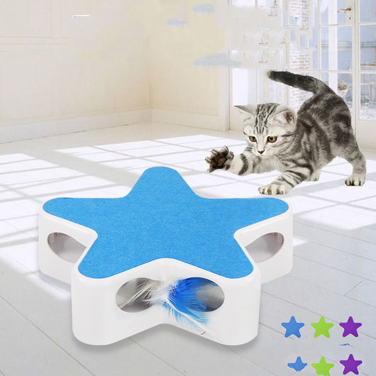White star-shaped cat toy with a bright green felt top and a yellow-green feather peeking from a side opening.