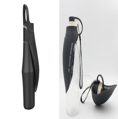 Portable pet water bottle with a stainless steel body and a gray silicone leaf-design drinking bowl and handle. - Image 8