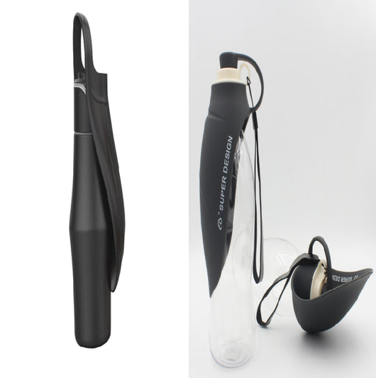 Portable pet water bottle with a stainless steel body and a gray silicone leaf-design drinking bowl and handle. - Image 8