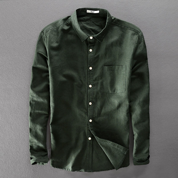 Camisa de Lino y Algodón para Hombre - Manga Larga Color Sólido