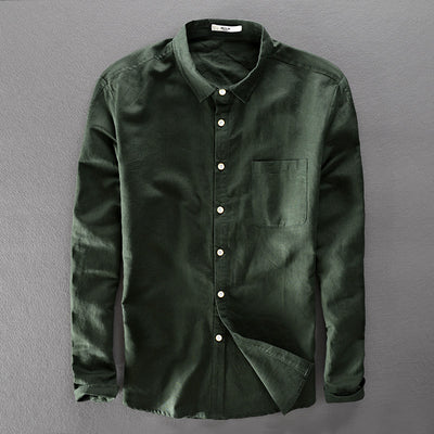 Camisa de Lino y Algodón para Hombre - Manga Larga Color Sólido