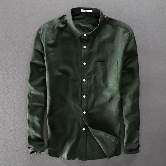 Camisa de Lino y Algodón para Hombre - Manga Larga Color Sólido