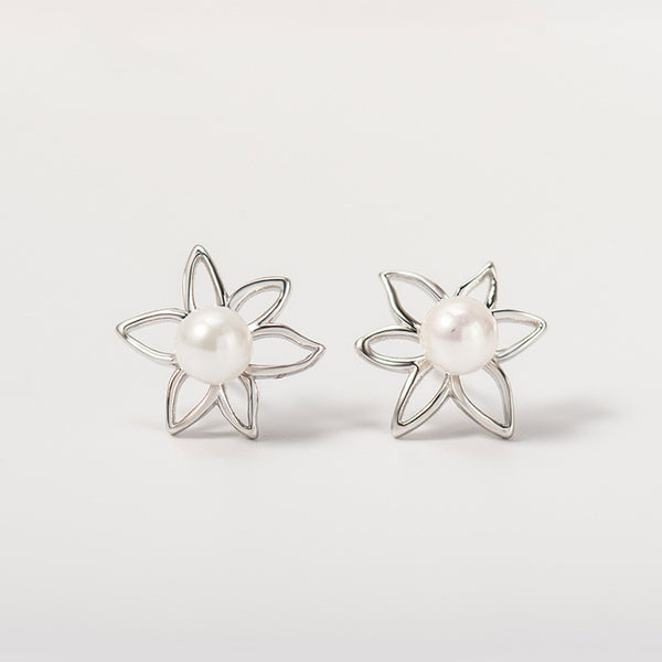 Aretes de Flor con Perlas Hipoalergénicos Blanco Fungus