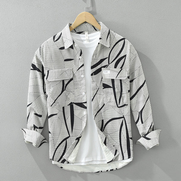 Camisa Estampada de Manga Larga Tendencia Japonesa para Hombre