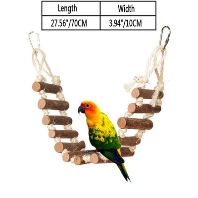 Red and green cotton rope parrot nibble toy with golden bells and a metal hook for bird cage attachment.