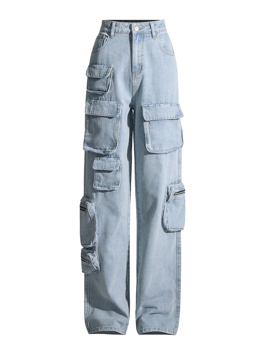 Jeans Vintage Azul Claro Talle Alto con Detalles de Trabajo para Mujer