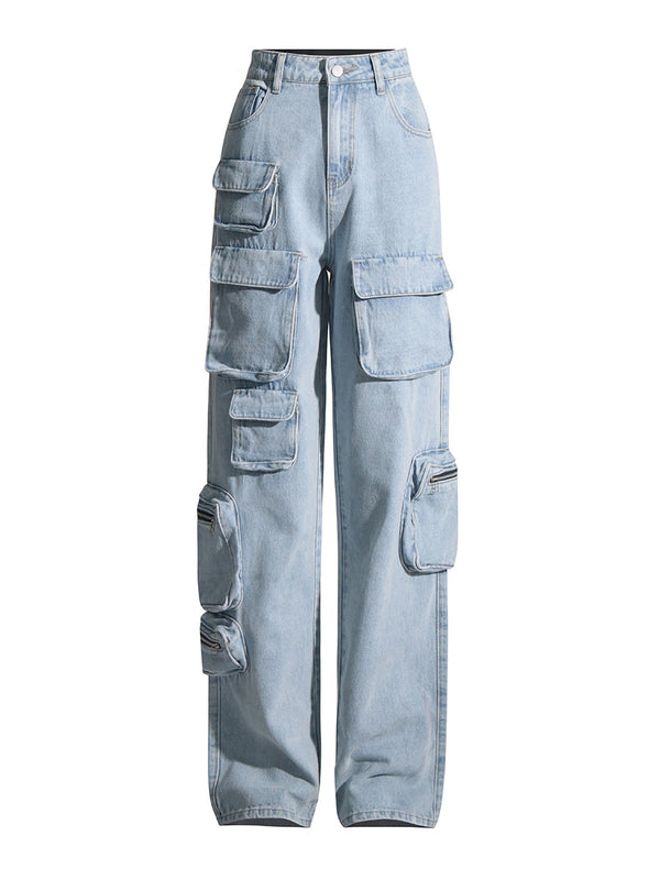 Jeans Vintage Azul Claro Talle Alto con Detalles de Trabajo para Mujer