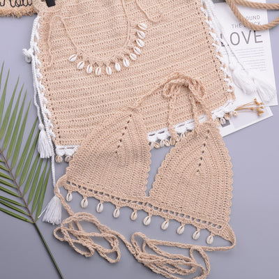 Traje de Baño Mujer Playa Diseño Artesanal Conchitas Cordones Laterales Escote - Image 11