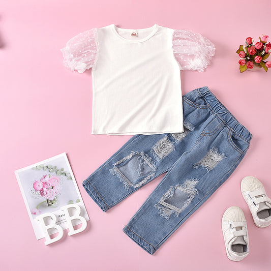 Pantalón Jeans Infantil con Top de Malla y Mangas Perforadas