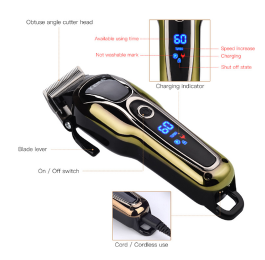 Professional Kemei hair clipper, electric shaver, and ornate gold beard trimmer with guide combs, cleaning brush, USB cable, and oil. - Image 3