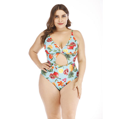 Plus size light blue one-piece swimsuit with tropical fruit and floral print, V-neck, and midriff cutout. - Image 2