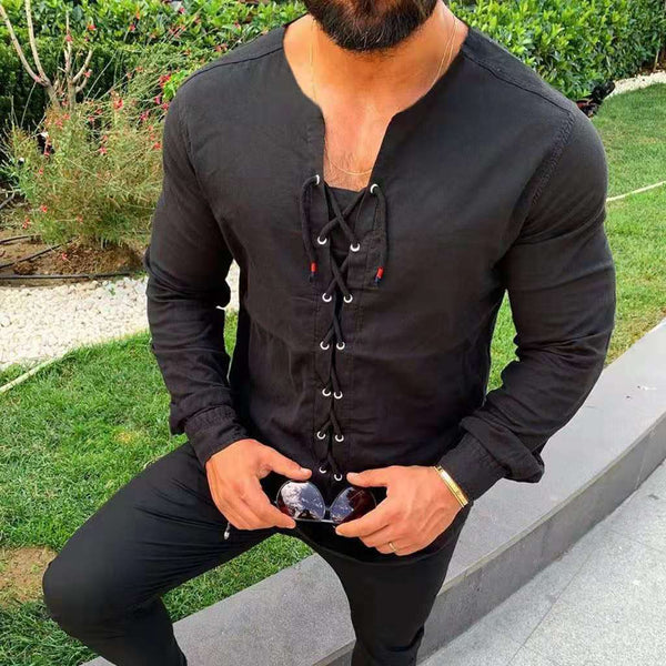Camisa de Algodón y Lino con Cuello de Cuerda