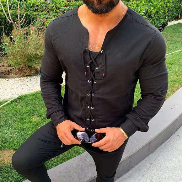 Camisa de Algodón y Lino con Cuello de Cuerda