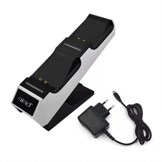 White and black dual charging station for PS5 game controllers with blue LED indicators and 'mind' logo. - Image 2