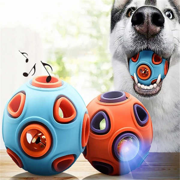 Blue and orange rubber pet toy ball with multiple circular cutouts, designed for interactive play and chewing.