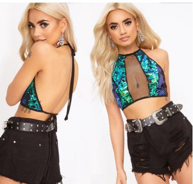 Top Corto Lentejuelas Verde Brillante
