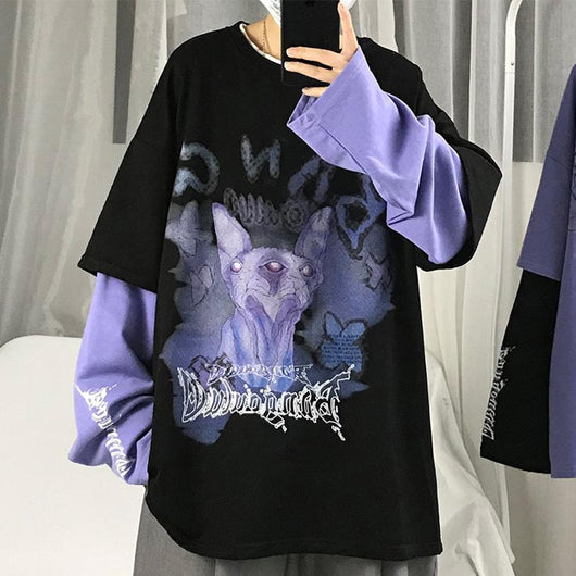 Sudadera Oversize Gótica con Estampado de Letras y Efecto Dos Piezas